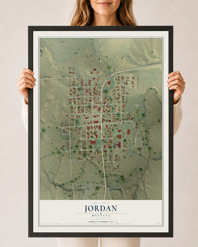 Map of Jordan, Montana, 24 x 36 inch print in a black wood frame