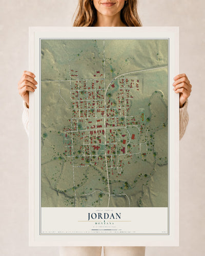 Map of Jordan, Montana, 24 x 36 inch print in a white wood frame