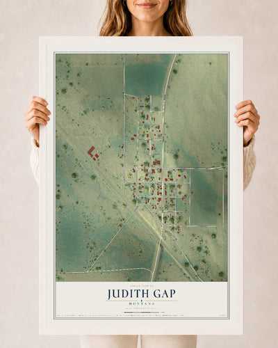 Map of Judith Gap, Montana, 24 x 36 inch print in a white wood frame