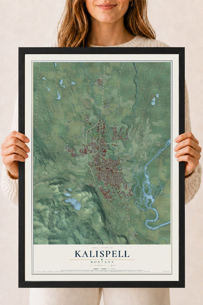 Map of Kalispell, Montana, 18 x 24 inch print in a black wood frame