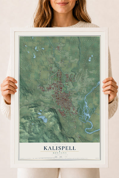 Map of Kalispell, Montana, 18 x 24 inch print in a white wood frame