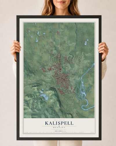 Map of Kalispell, Montana, 24 x 36 inch print in a black wood frame