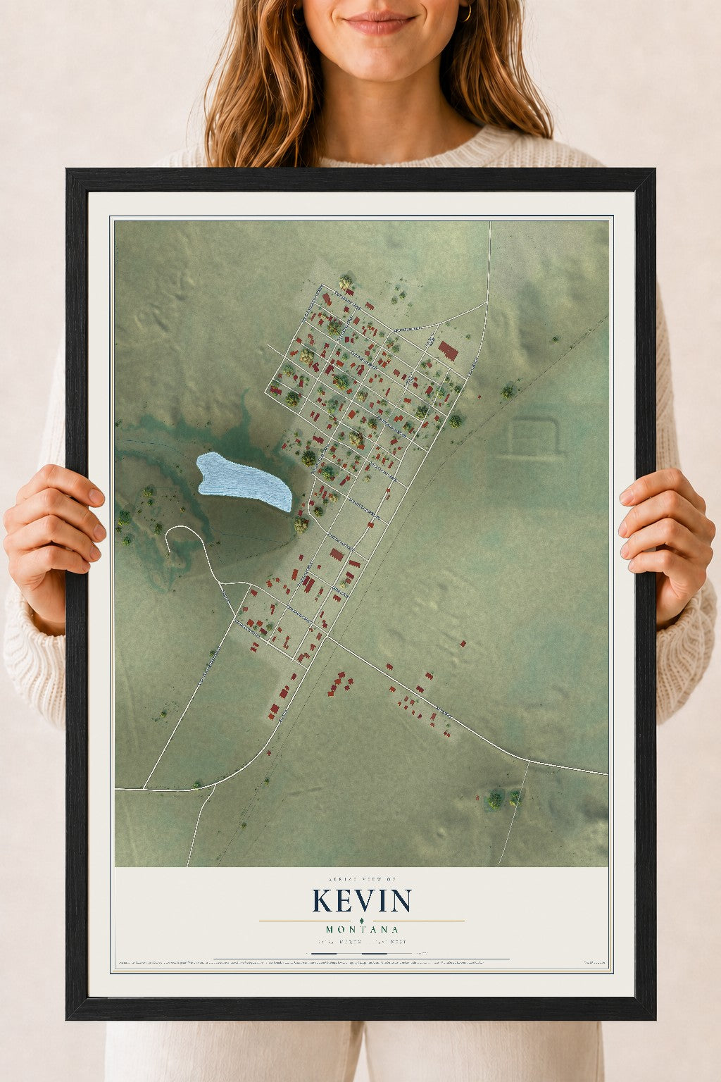 Map of Kevin, Montana, 18 x 24 inch print in a black wood frame