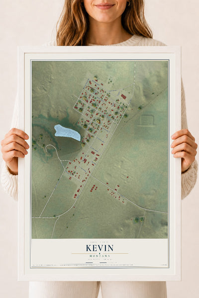 Map of Kevin, Montana, 18 x 24 inch print in a white wood frame