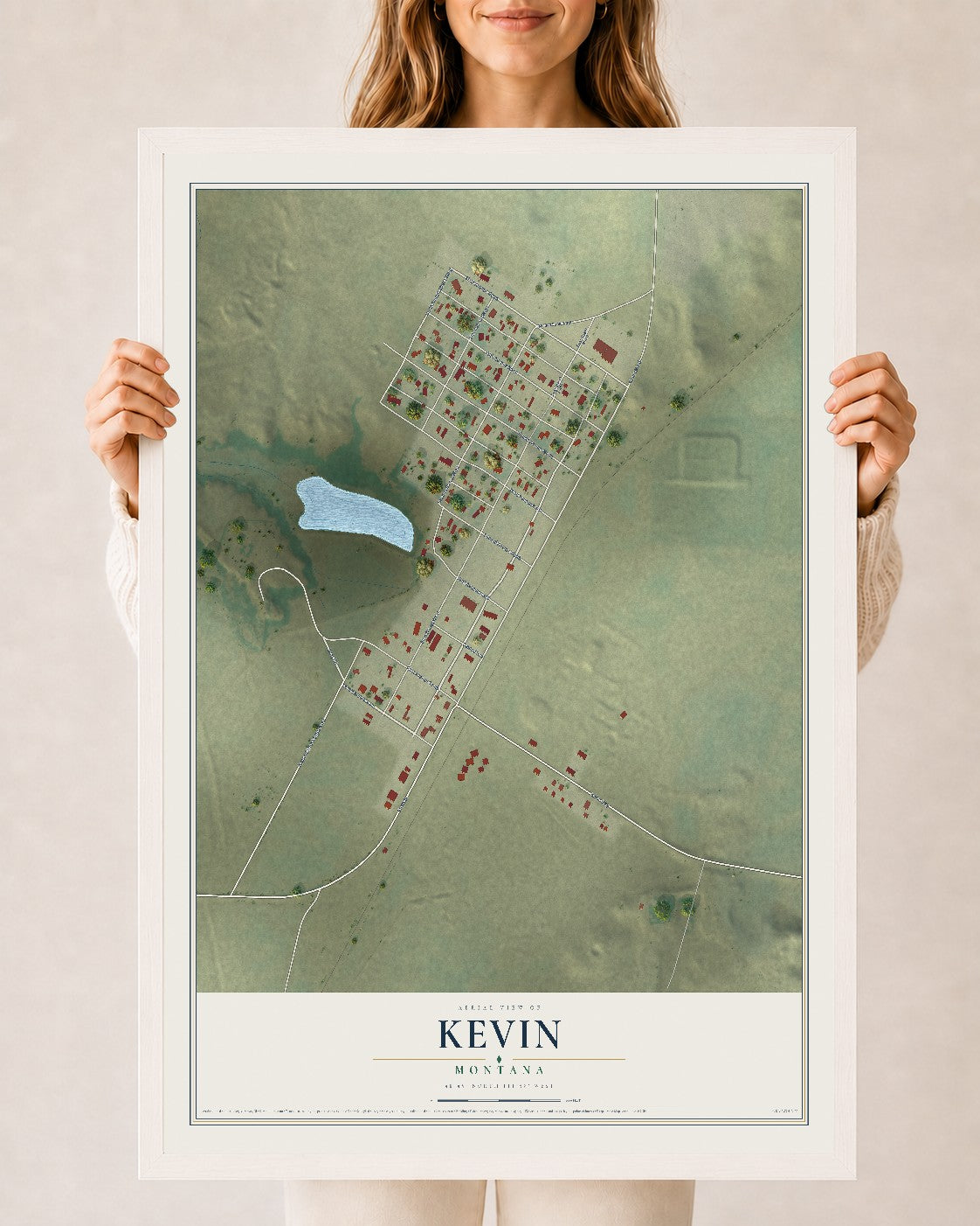 Map of Kevin, Montana, 24 x 36 inch print in a white wood frame