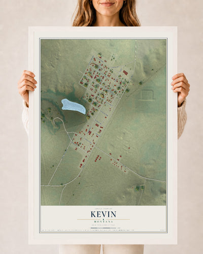 Map of Kevin, Montana, 24 x 36 inch print in a white wood frame