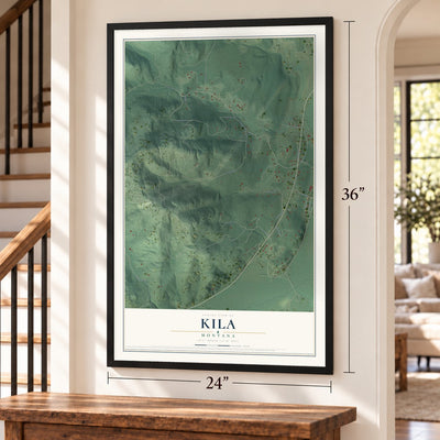 Kila, Montana map, 24 x 36 inch print in a black frame by a staircase