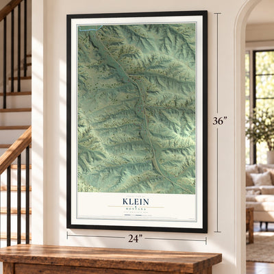 Klein, Montana map, 24 x 36 inch print in a black frame by a staircase