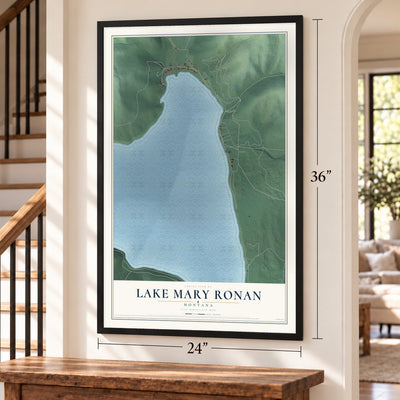 Lake Mary Ronan, Montana map, 24 x 36 inch print in a black frame by a staircase