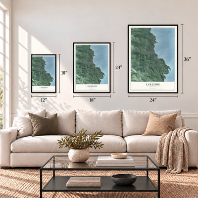 Lakeside, Montana map in 12 x 18, 18 x 24 and 24 x 36 inch sizes above a sofa