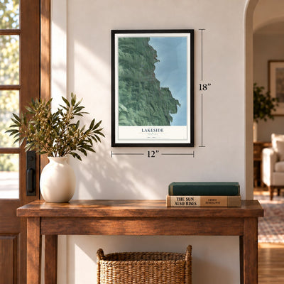 Lakeside, Montana map, 12 x 18 inch print in a black frame in an entryway