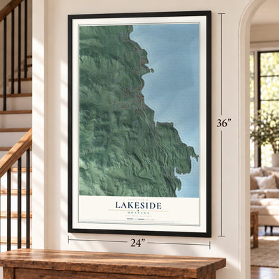 Lakeside, Montana map, 24 x 36 inch print in a black frame by a staircase