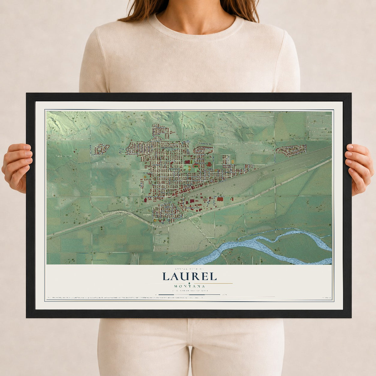 Map of Laurel, Montana, 12 x 18 inch print in a black wood frame