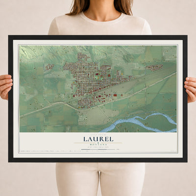 Map of Laurel, Montana, 18 x 24 inch print in a black wood frame