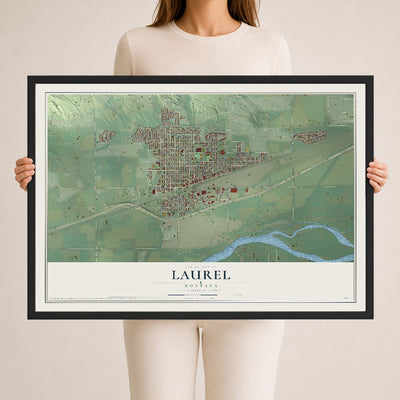 Map of Laurel, Montana, 24 x 36 inch print in a black wood frame