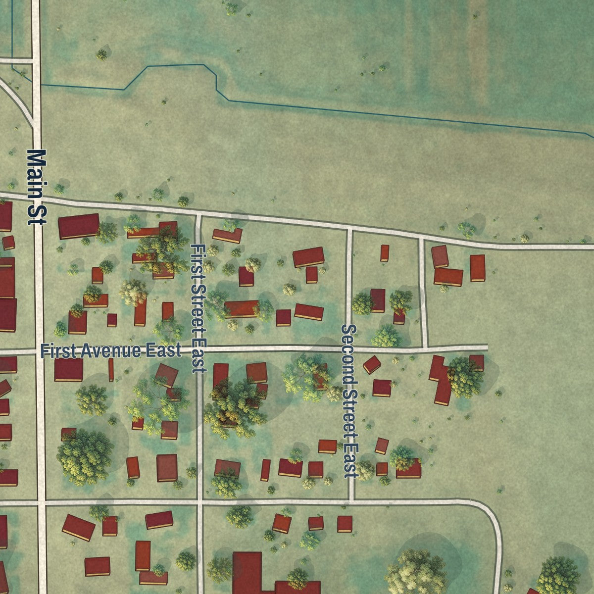 Close-up of the map of Lavina, Montana print showing street and building detail