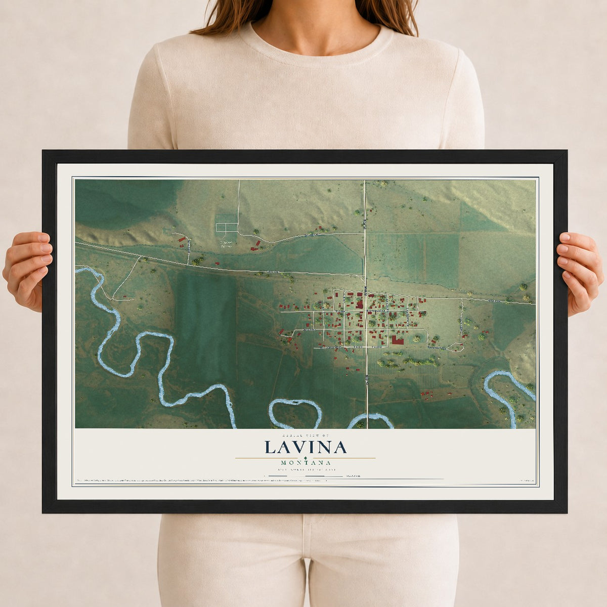 Map of Lavina, Montana, 12 x 18 inch print in a black wood frame
