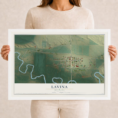 Map of Lavina, Montana, 12 x 18 inch print in a white wood frame