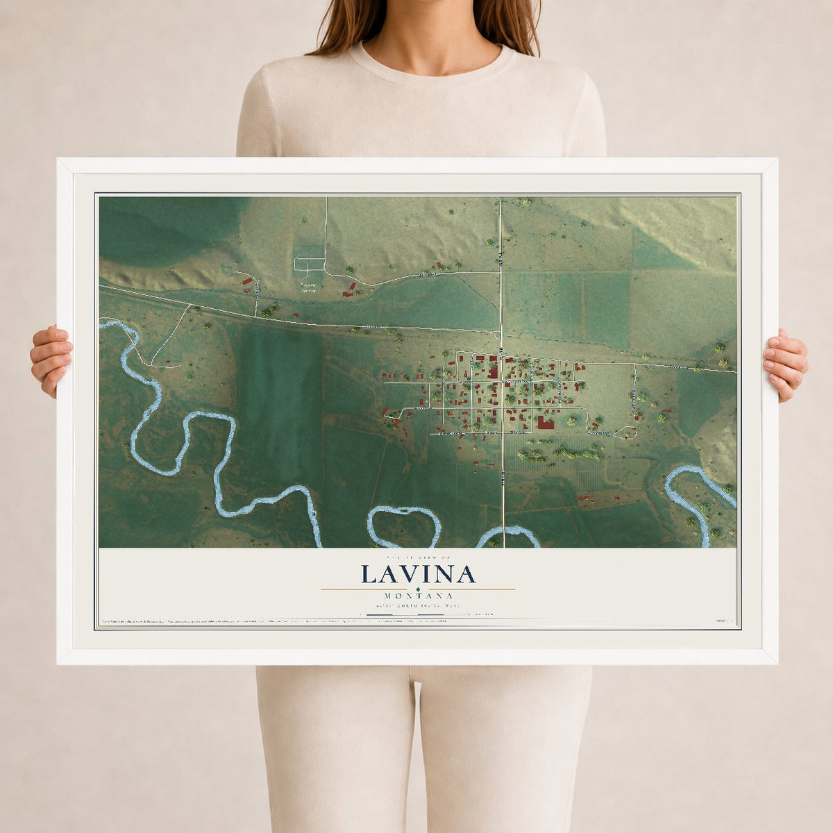 Map of Lavina, Montana, 24 x 36 inch print in a white wood frame
