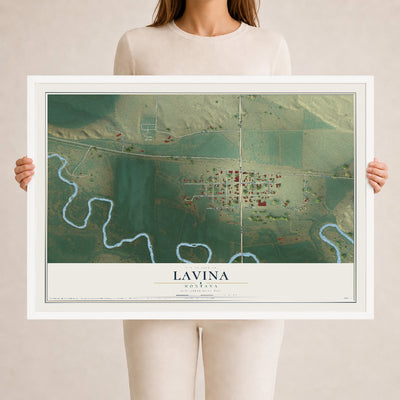 Map of Lavina, Montana, 24 x 36 inch print in a white wood frame