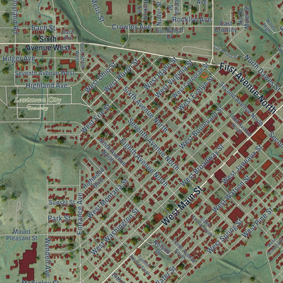 Close-up of the map of Lewistown, Montana print showing street and building detail