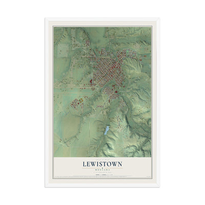 Map of Lewistown, Montana, 12 x 18 inch print in a white wood frame