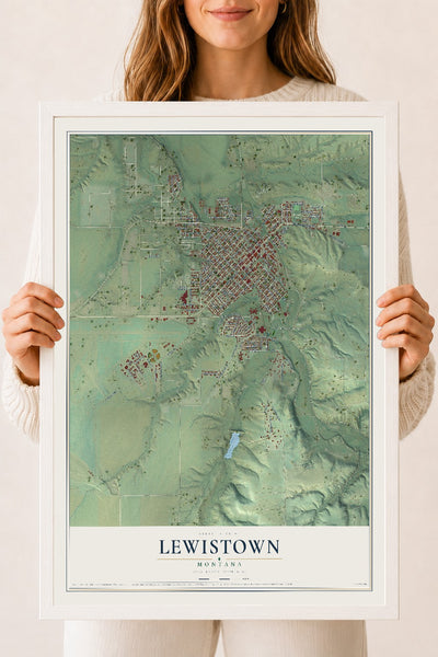 Map of Lewistown, Montana, 18 x 24 inch print in a white wood frame