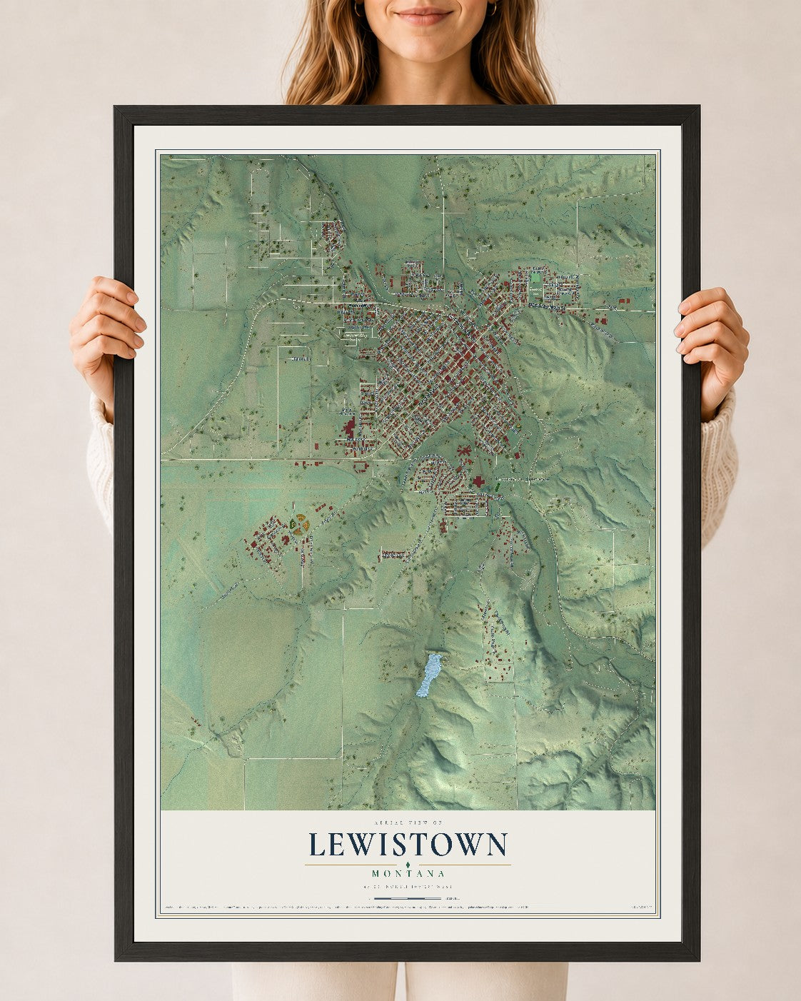 Map of Lewistown, Montana, 24 x 36 inch print in a black wood frame