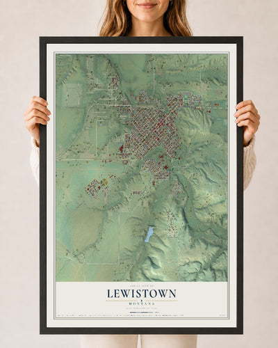 Map of Lewistown, Montana, 24 x 36 inch print in a black wood frame