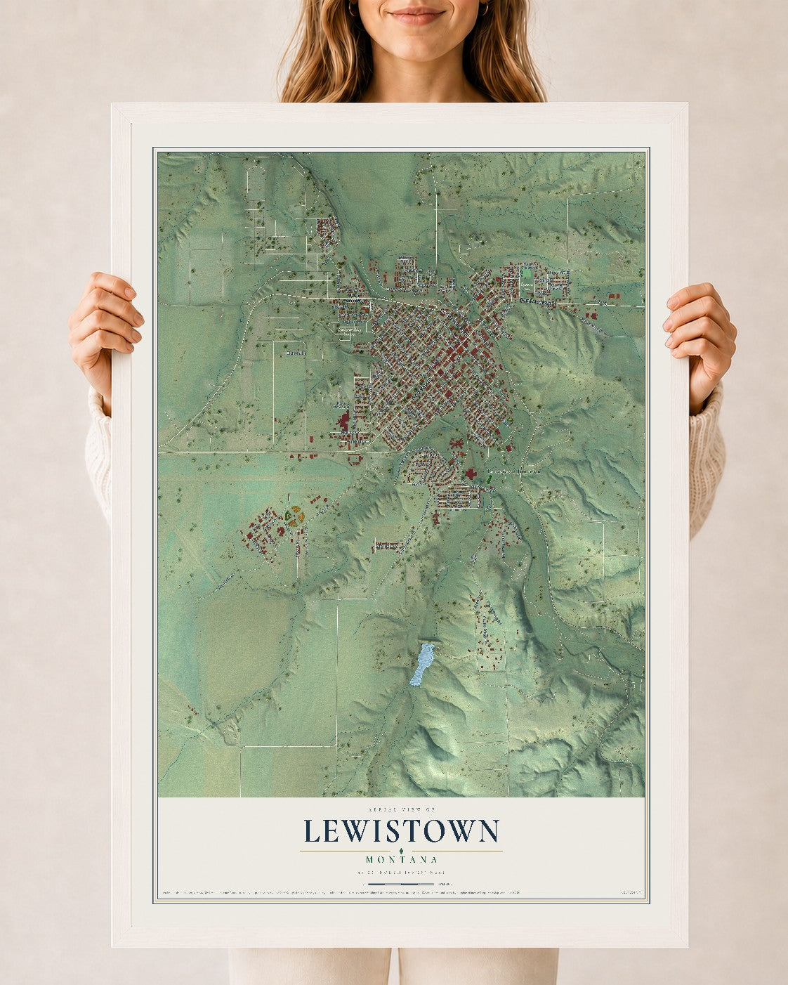 Map of Lewistown, Montana, 24 x 36 inch print in a white wood frame