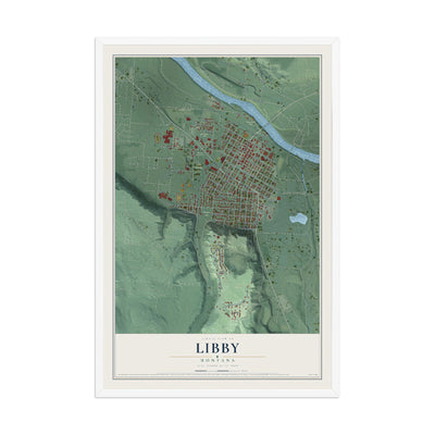 Map of Libby, Montana, 12 x 18 inch print in a white wood frame