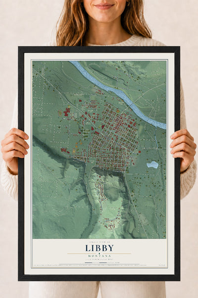 Map of Libby, Montana, 18 x 24 inch print in a black wood frame