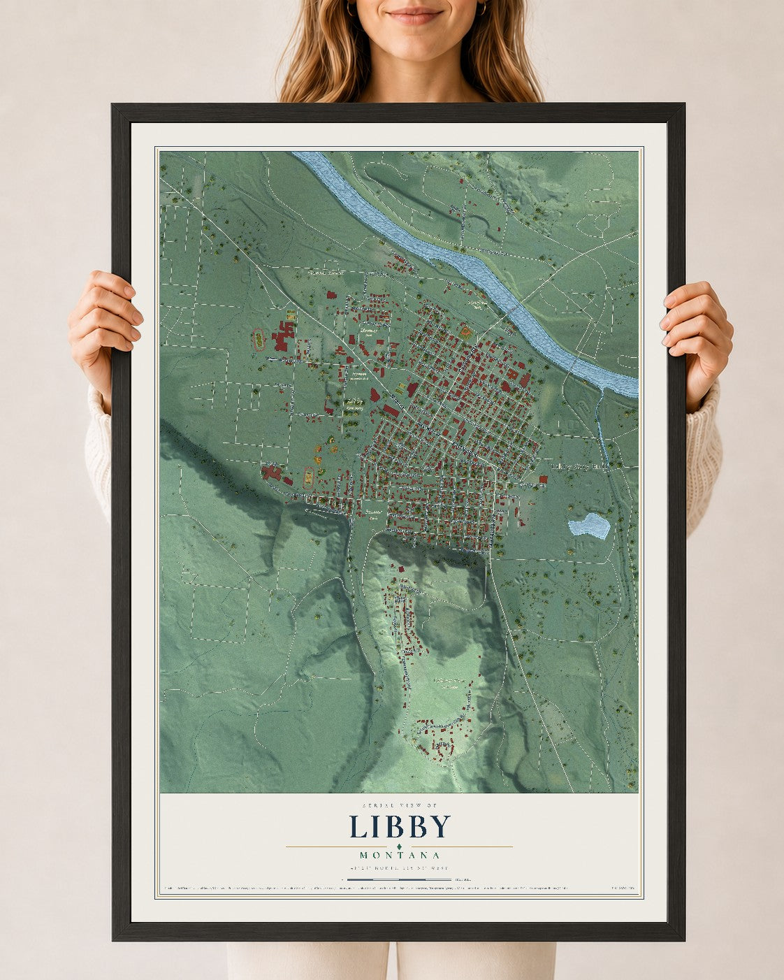 Map of Libby, Montana, 24 x 36 inch print in a black wood frame