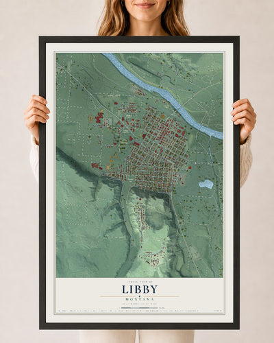 Map of Libby, Montana, 24 x 36 inch print in a black wood frame