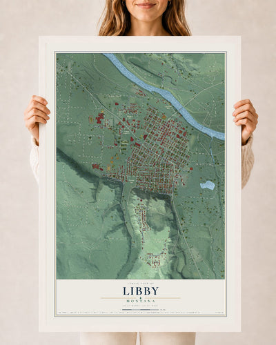 Map of Libby, Montana, 24 x 36 inch print in a white wood frame