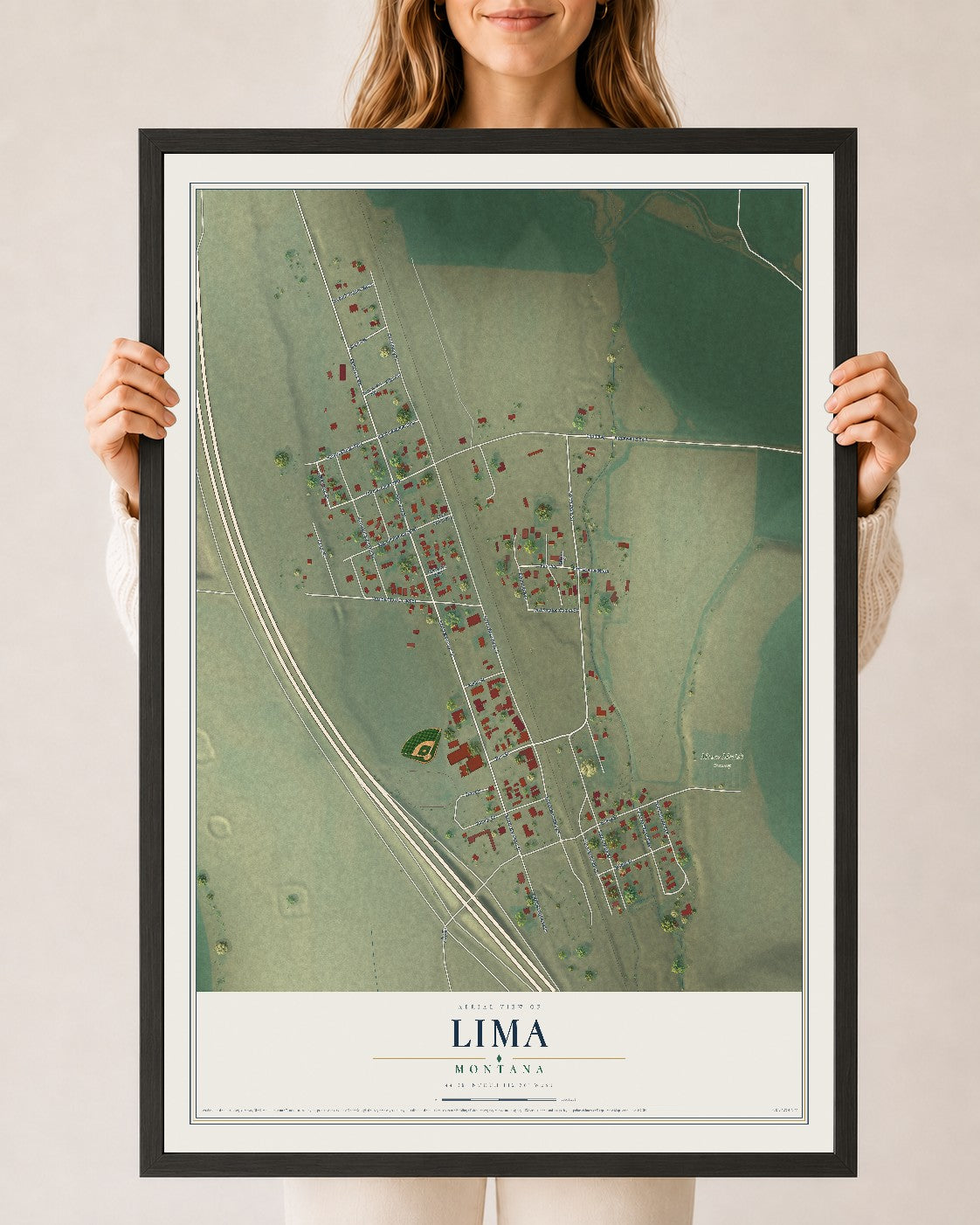 Map of Lima, Montana, 24 x 36 inch print in a black wood frame