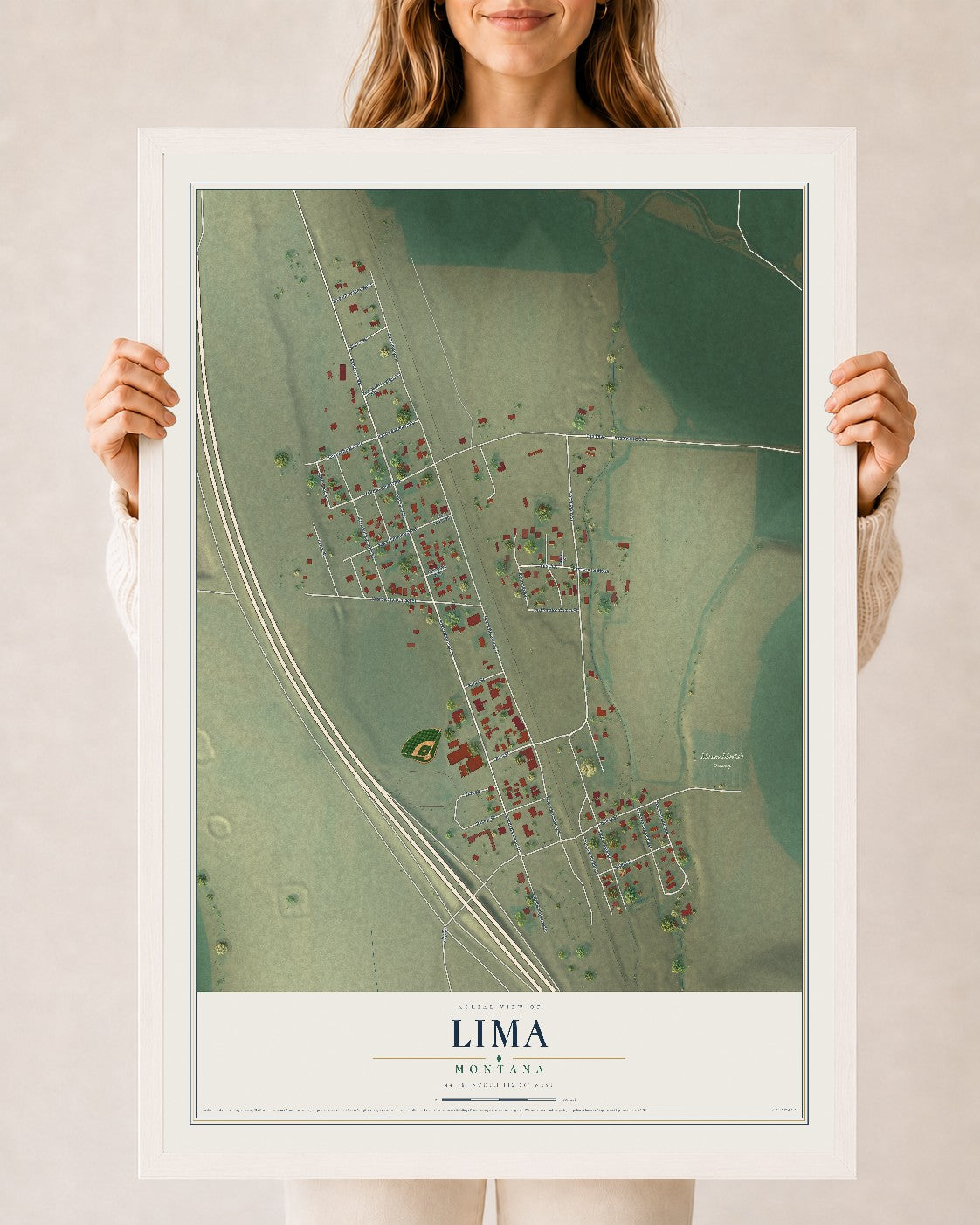 Map of Lima, Montana, 24 x 36 inch print in a white wood frame
