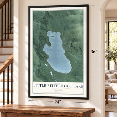 Little Bitterroot Lake, Montana map, 24 x 36 inch print in a black frame by a staircase
