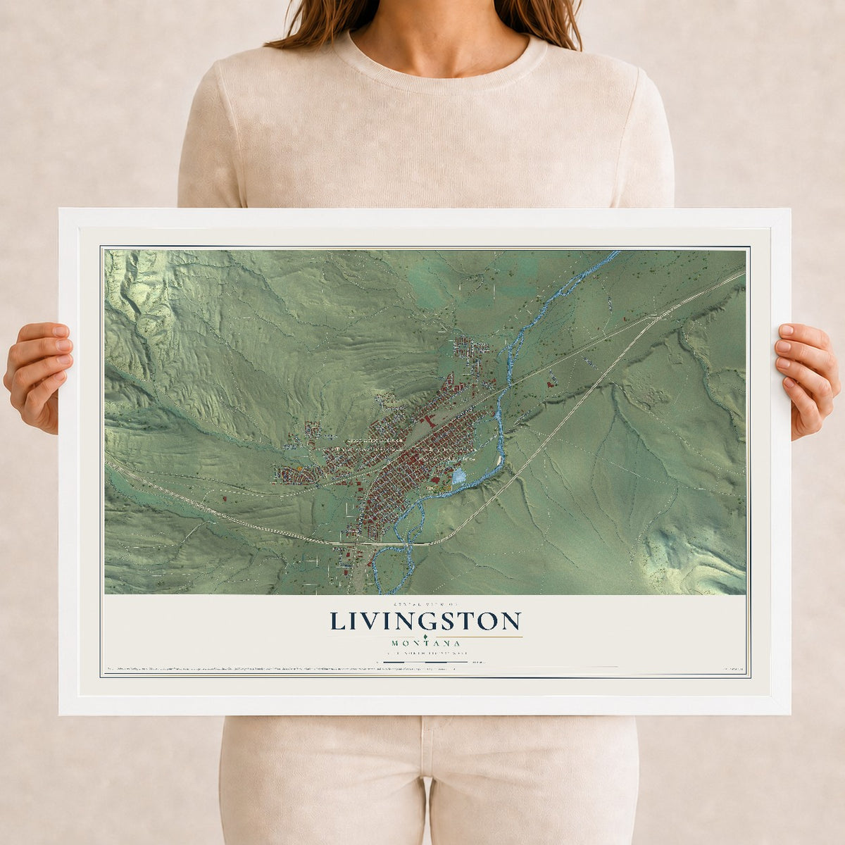 Map of Livingston, Montana, 12 x 18 inch print in a white wood frame