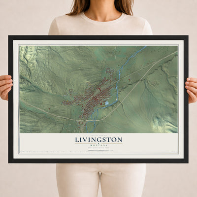 Map of Livingston, Montana, 18 x 24 inch print in a black wood frame