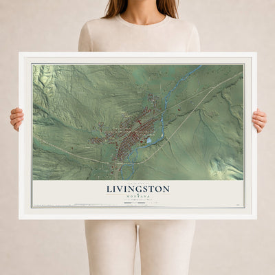 Map of Livingston, Montana, 24 x 36 inch print in a white wood frame