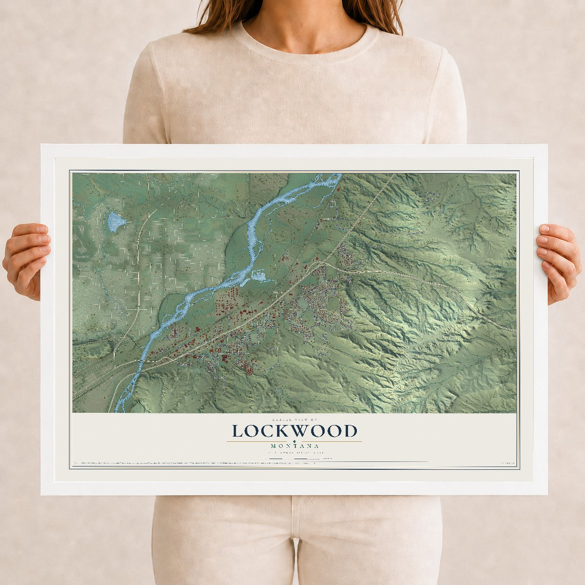 Map of Lockwood, Montana, 12 x 18 inch print in a white wood frame