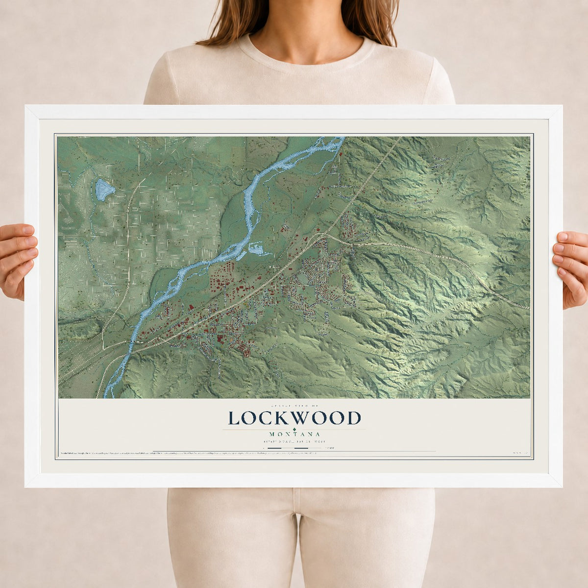 Map of Lockwood, Montana, 18 x 24 inch print in a white wood frame