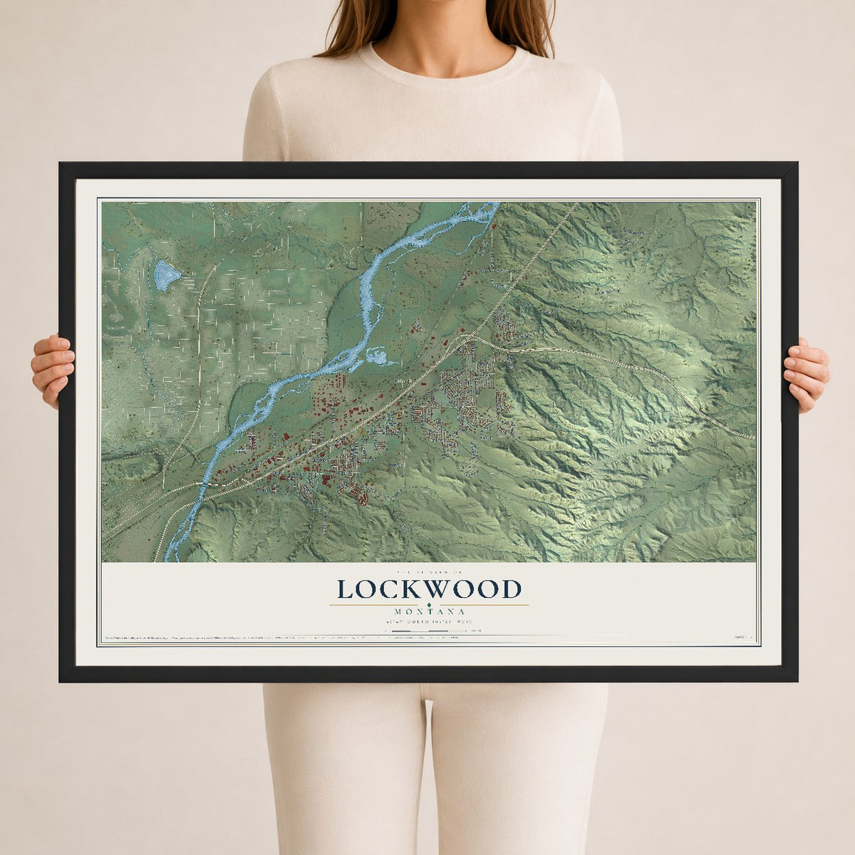 Map of Lockwood, Montana, 24 x 36 inch print in a black wood frame