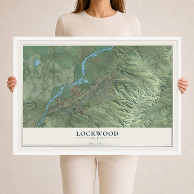 Map of Lockwood, Montana, 24 x 36 inch print in a white wood frame