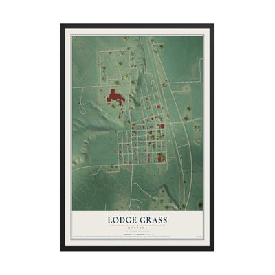 Map of Lodge Grass, Montana, 12 x 18 inch print in a black wood frame