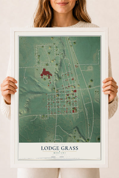Map of Lodge Grass, Montana, 18 x 24 inch print in a white wood frame