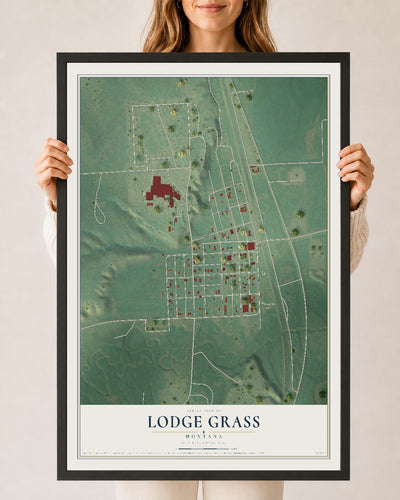 Map of Lodge Grass, Montana, 24 x 36 inch print in a black wood frame