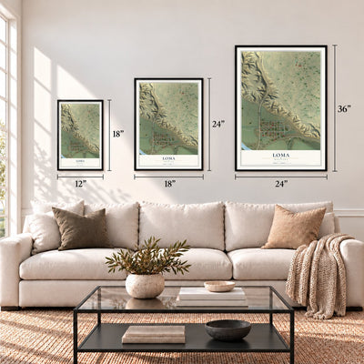 Loma, Montana map in 12 x 18, 18 x 24 and 24 x 36 inch sizes above a sofa