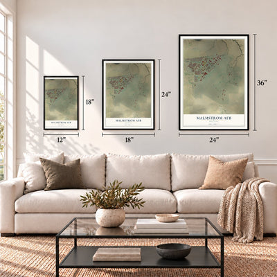 Malmstrom AFB, Montana map in 12 x 18, 18 x 24 and 24 x 36 inch sizes above a sofa